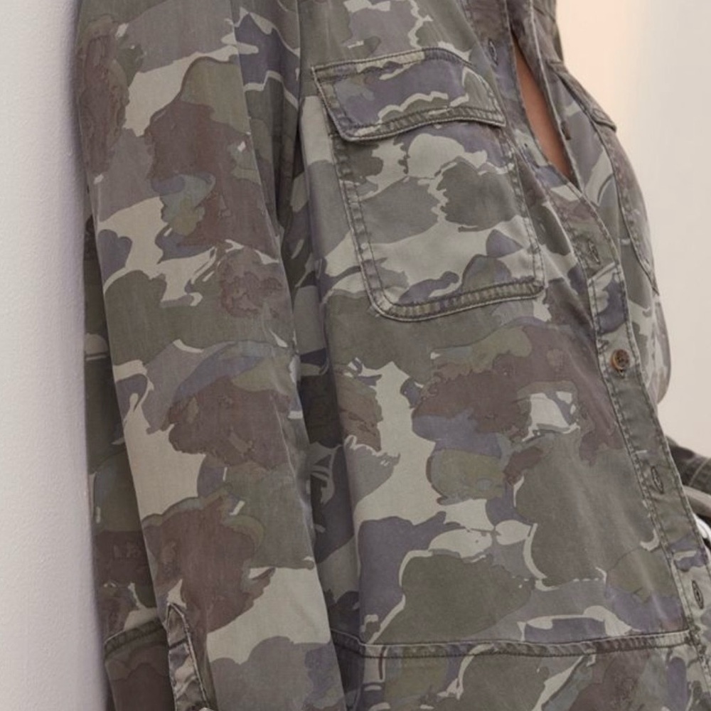 Anthropologie Camo Button-Down Shirt Jacket in Olive and Taupe